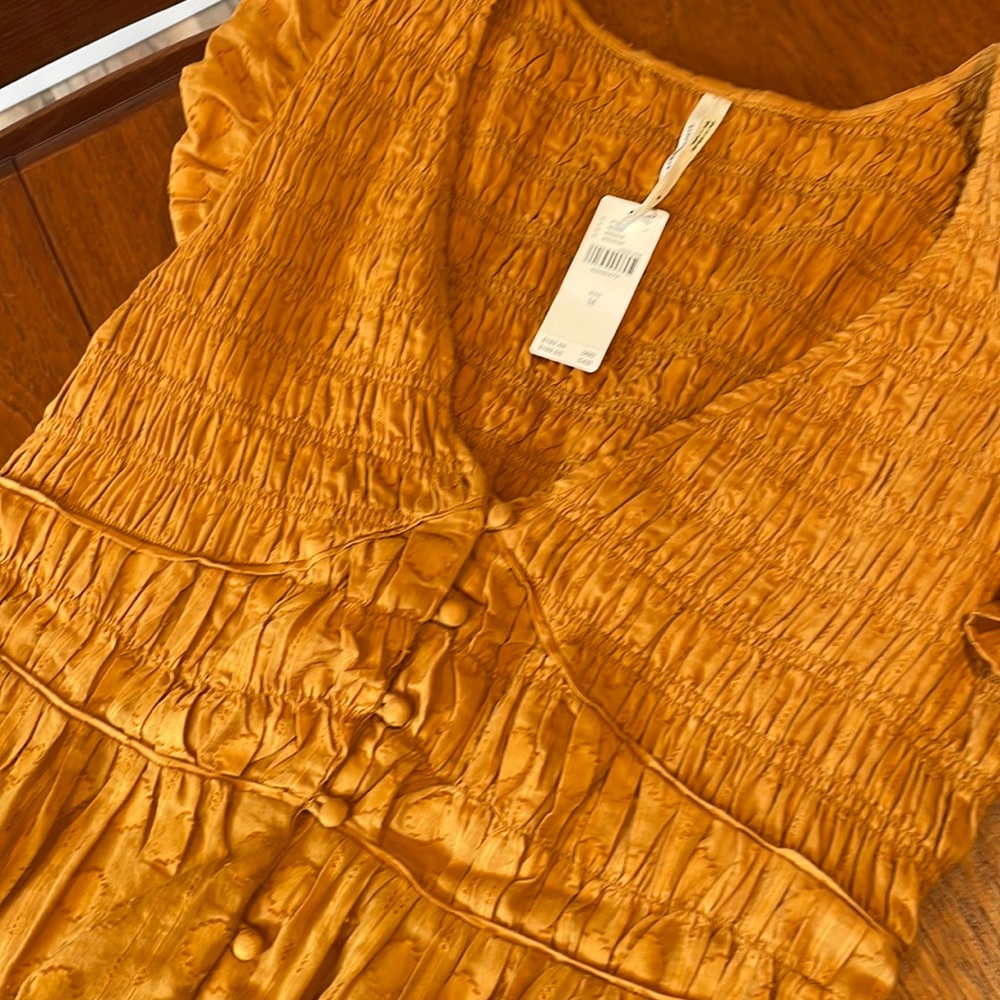 Anthropologie Smocked Ruffle Midi Dress - Gold/Mustard